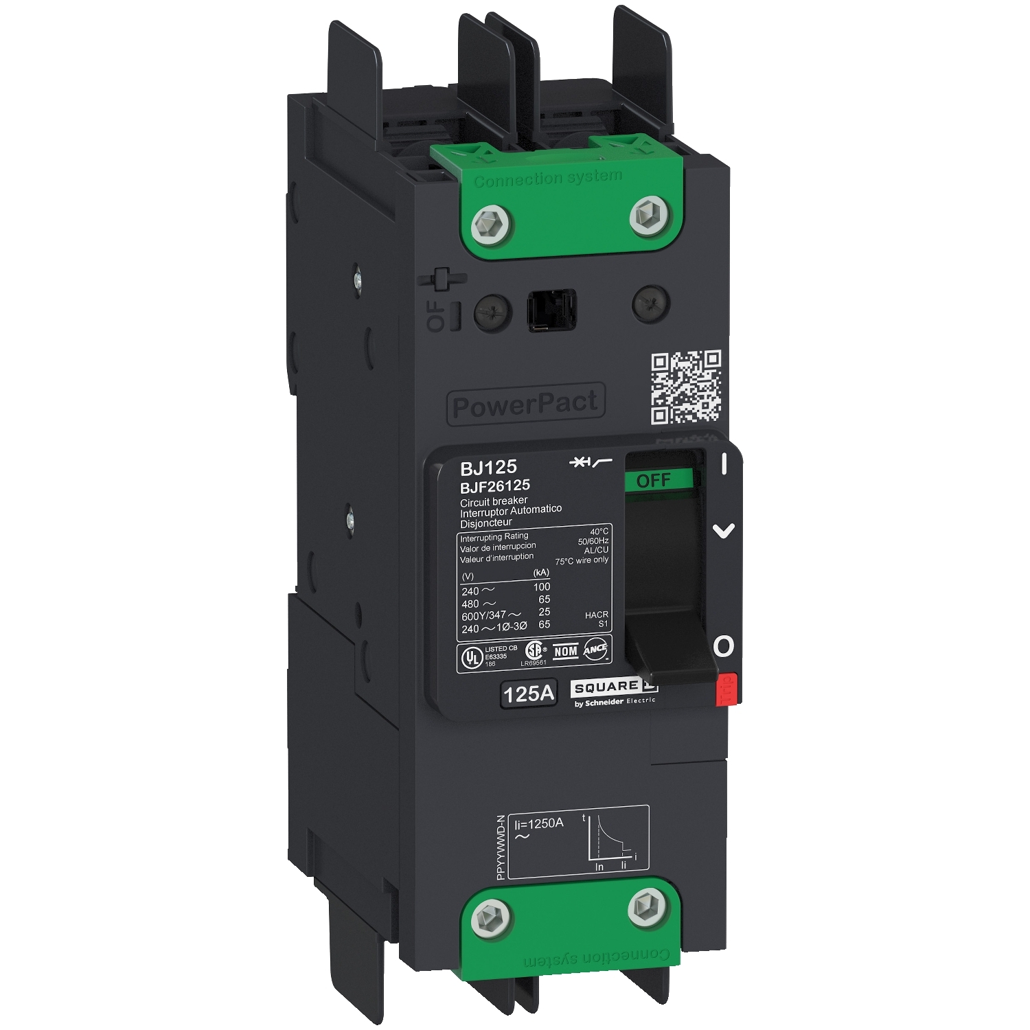 Schneider Electric Molded Case Circuit Breaker; 2-Pole; 125A; 600VAC/250VDC; 65kA @ 480VAC; Bus Bar (no lugs); UL 489
